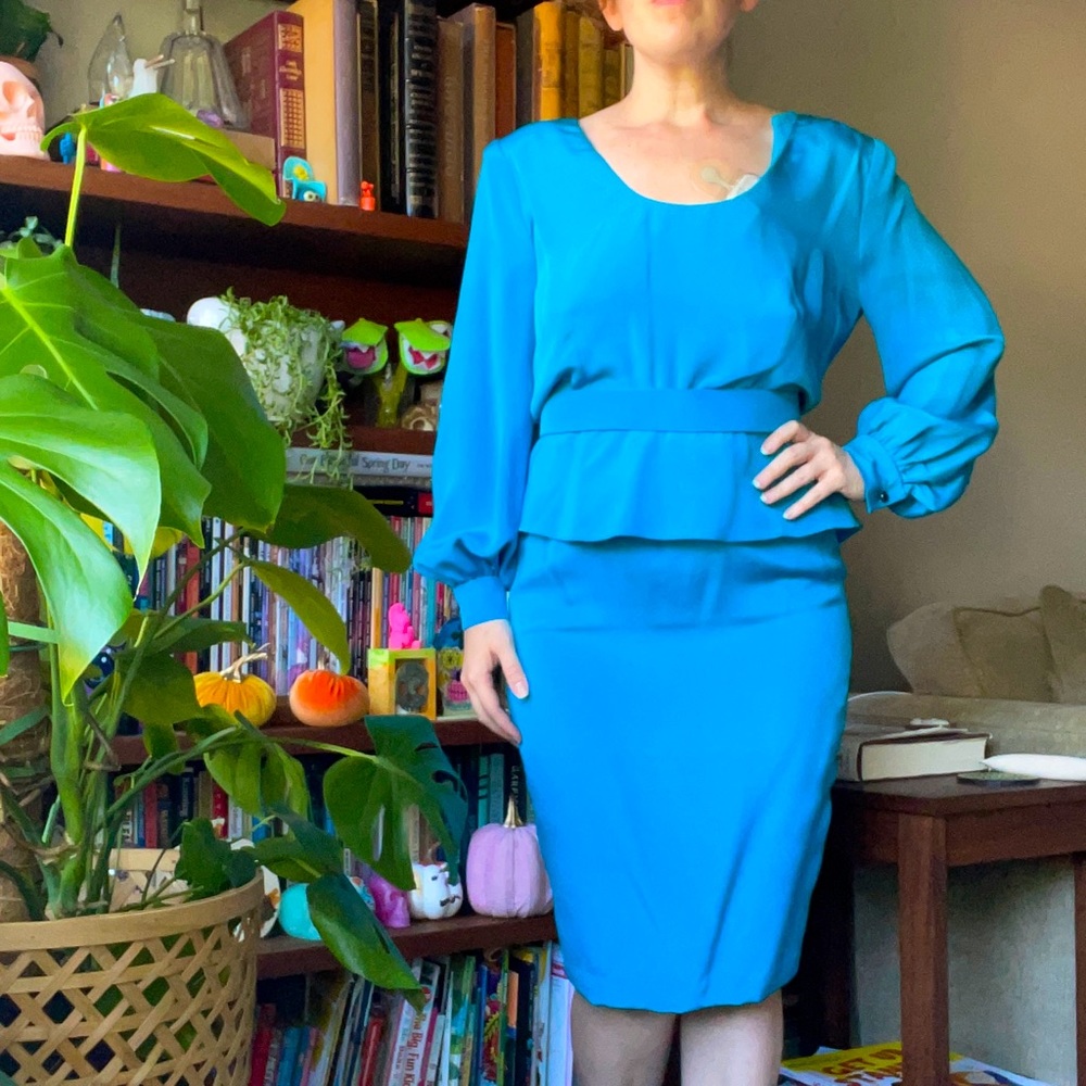 Vintage blue silk peplum two piece long sleeve dress Daniel Miezel